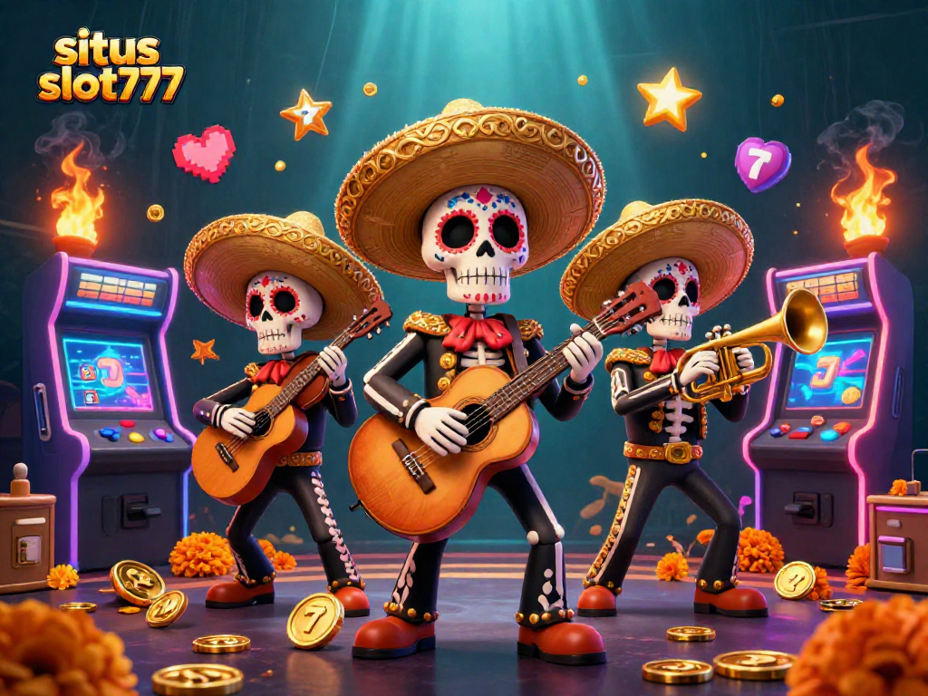 Experience excitement with situs slot777, featuring vibrant skeleton mariachi musicians, slot elements, and fun gaming action.