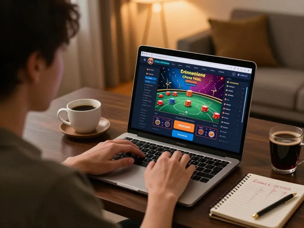 Tại 56win, engage in strategic online gambling at home with a cozy setup featuring a laptop.
