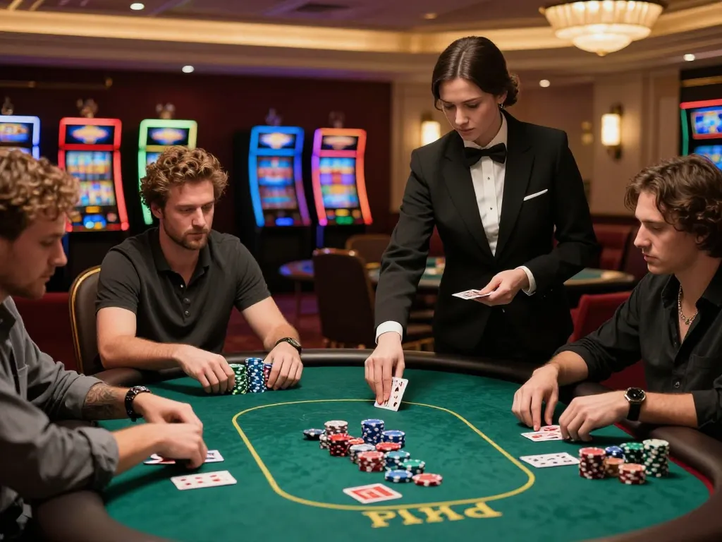 Players strategizing at Nhà Cái SC88 poker table with a professional dealer, surrounded by luxurious casino ambiance.