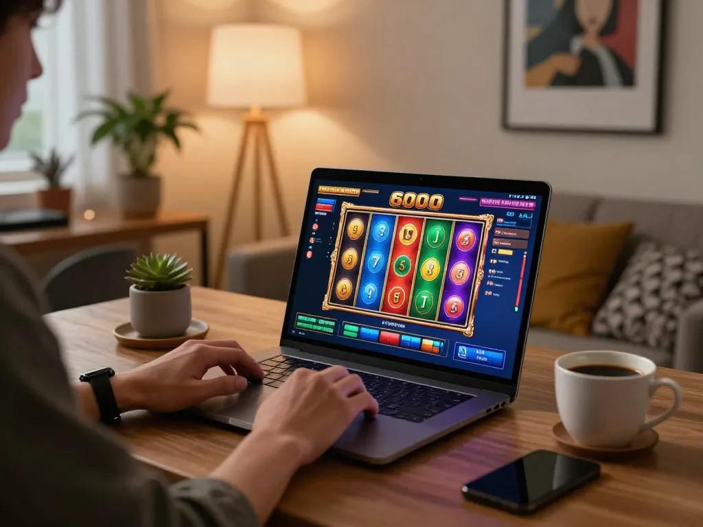 Engaging gameplay on slot6000 with colorful digital reels lighting up on a sleek laptop.