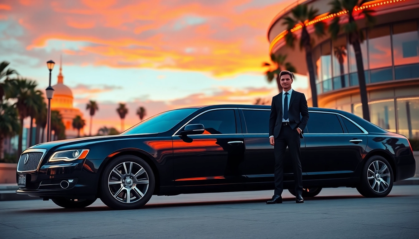 Luxurious Los Angeles Limo parked outside a glamorous venue at sunset, showcasing elegance and professional service.