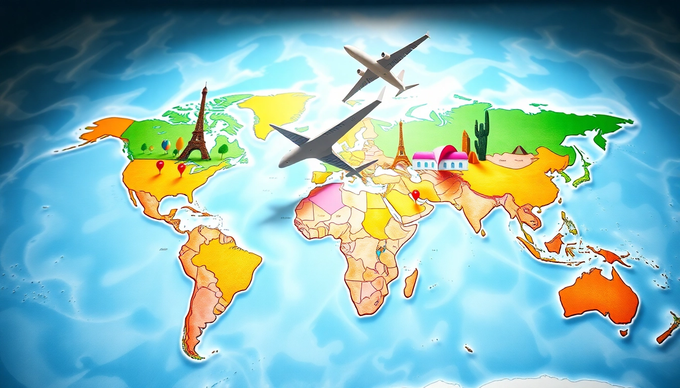 Illustrative world map with landmarks represents exciting round the world holidays adventures.
