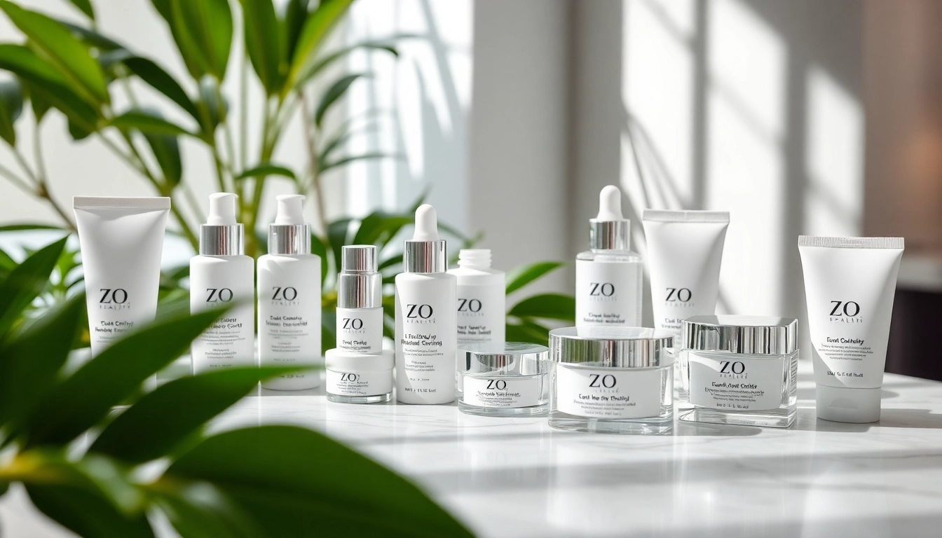 ZO Skin Health Produkte schön präsentiert auf einem marmornen Tisch mit botanischen Elementen.