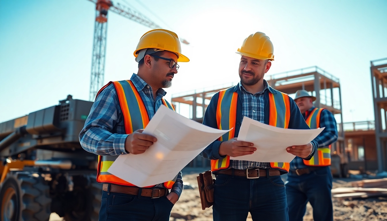 New Jersey Commercial General Contractor overseeing a construction project with blueprints and machinery.