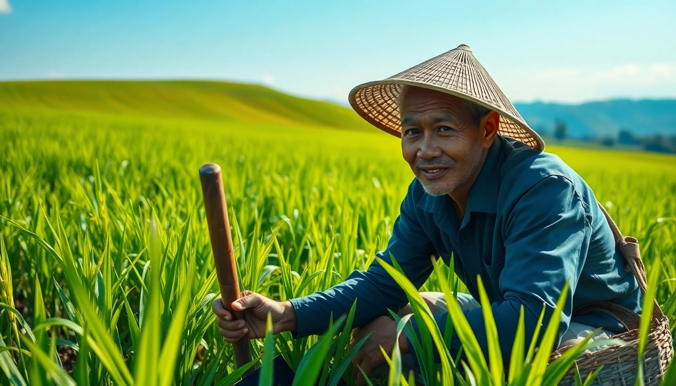 petani toto berfungsi di ladang yang hijau dengan alat pertanian tradisional.