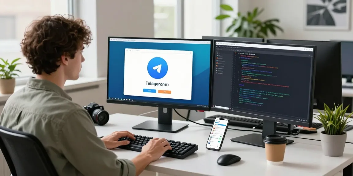 Seamless communication workspace showing Telegram app interface for 纸飞机下载, featuring developer at a modern desk with monitors and coffee.