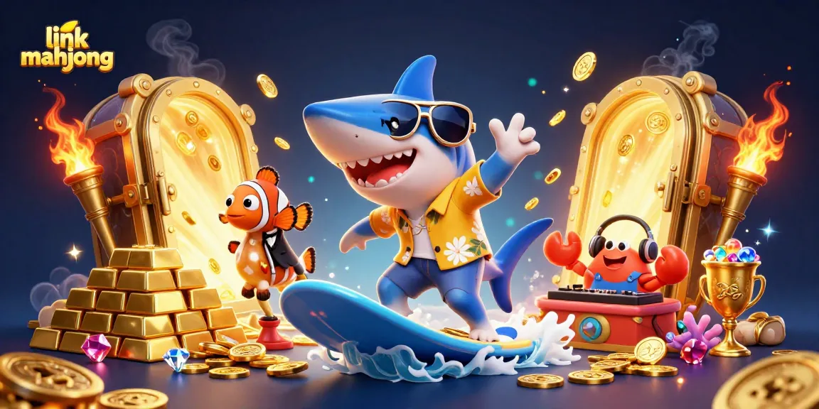 Engage with link mahjong's thrilling action as cartoon characters surf on golden coins!