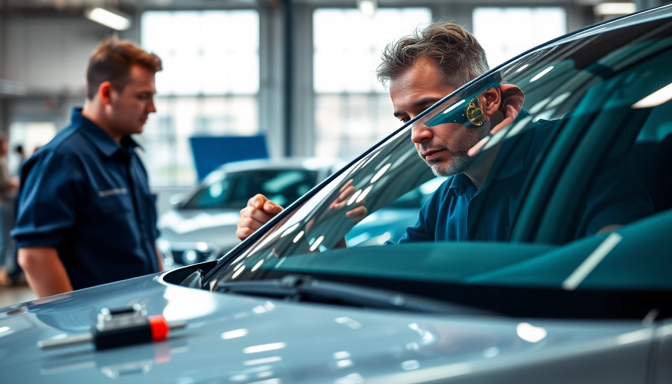 Auto glass shop near me showcasing a technician repairing a windshield in a professional garage.