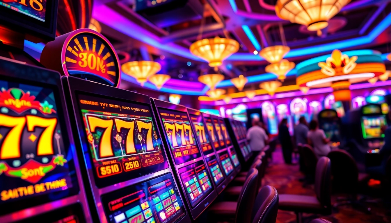 Mainkan slot777 dengan mesin slot cerah dan pemain bersemangat di kasino.