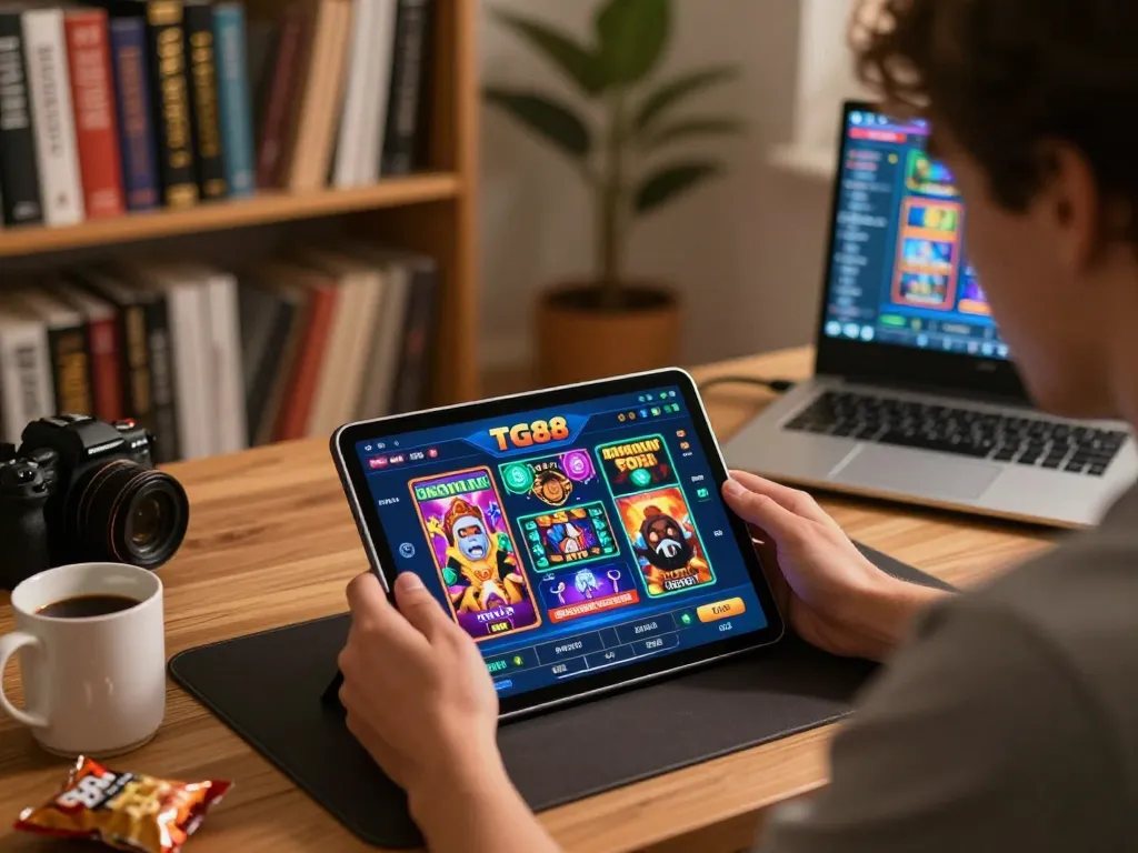 TG88 user engaging intensely with online casino games at home setup, highlight of gaming strategy.