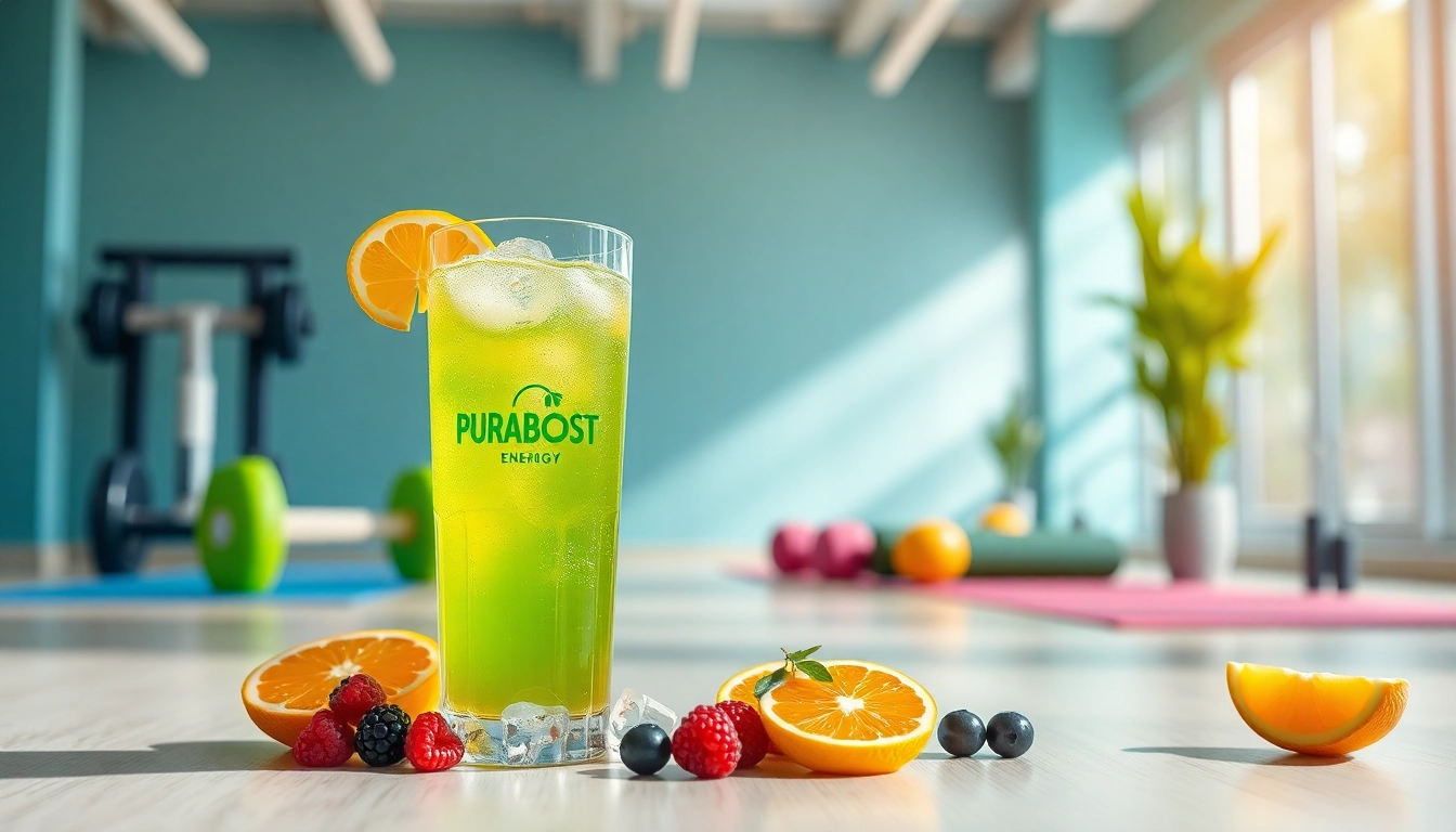 Puraboost energy drink served in a glass, surrounded by fresh fruits and workout gear, promoting health and vitality.