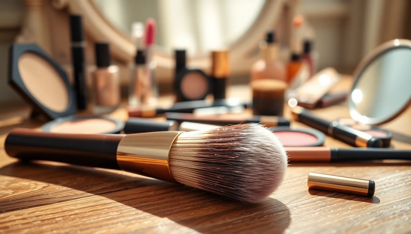 Applying makeup with an angled makeup brush on a beautifully arranged vanity.