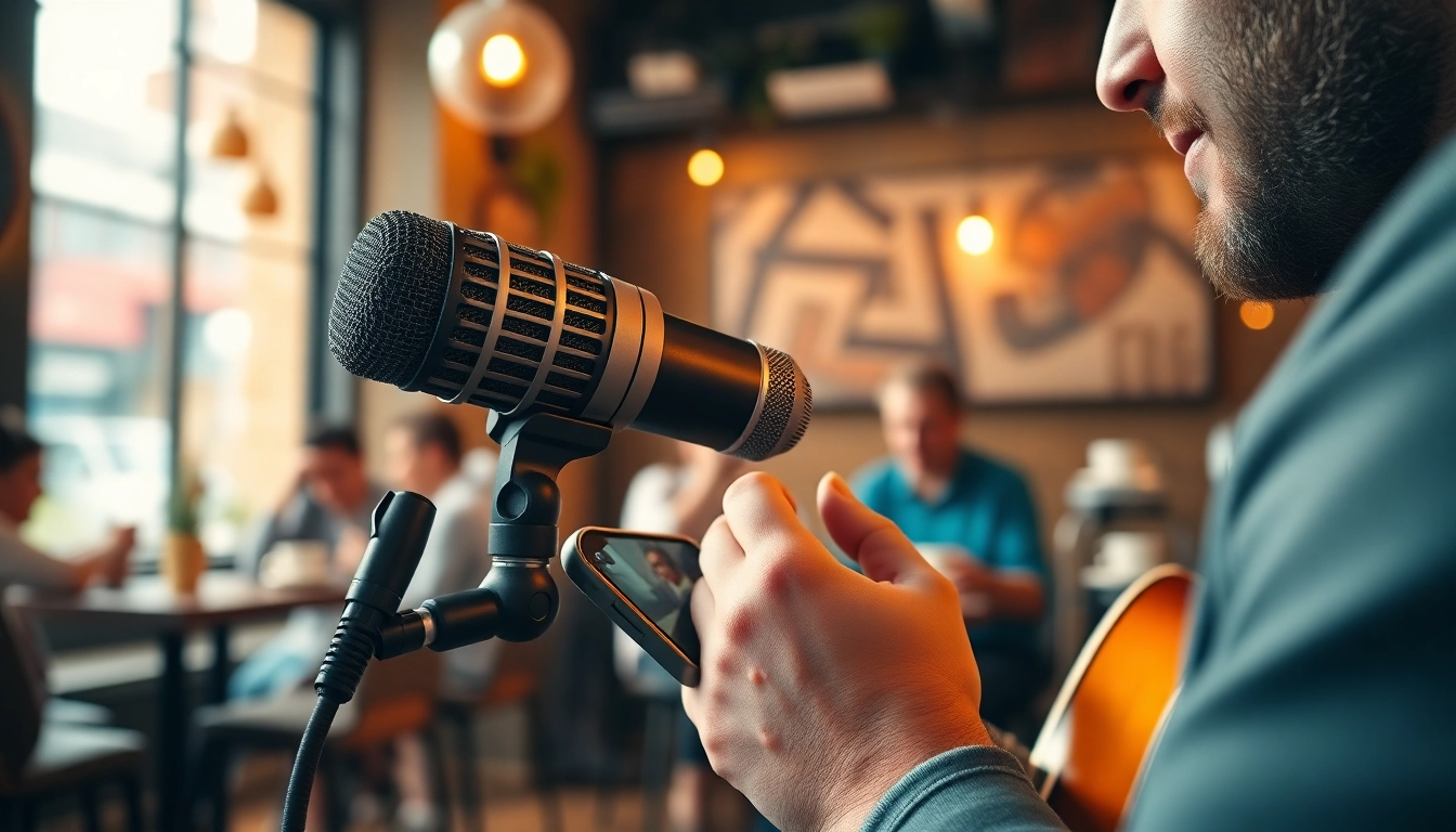 Capture the MV88 microphone in action at a café, emphasizing its design and sound quality.