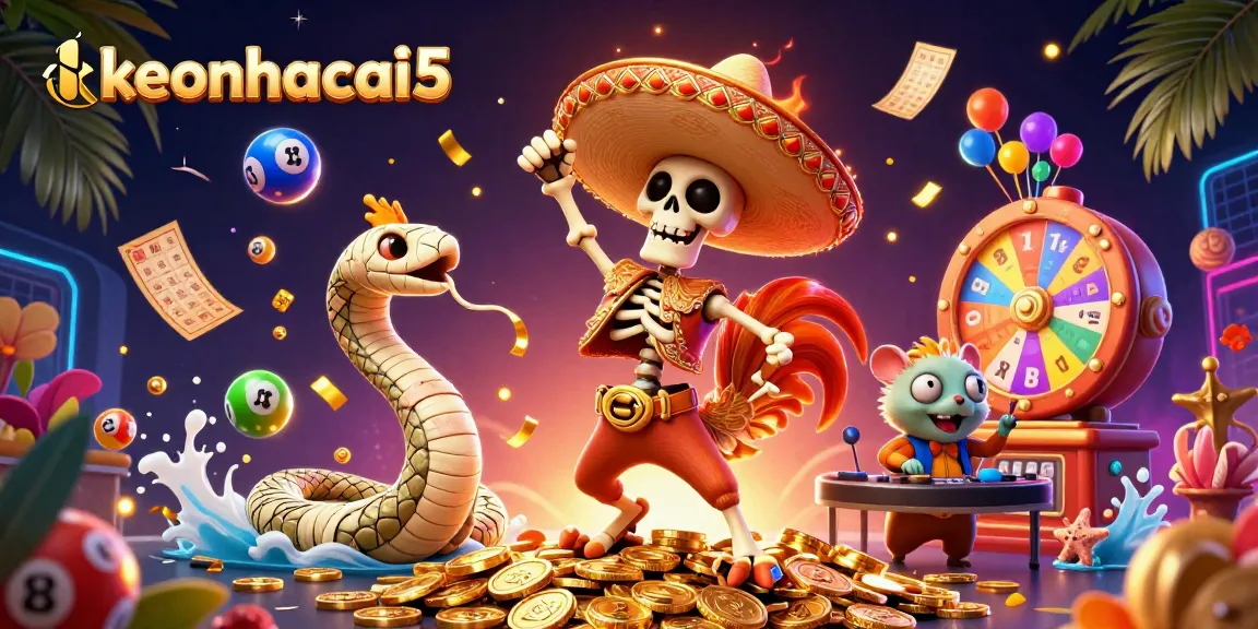 Engage with keonhacai5's vibrant lottery and gaming scene featuring characters and lively elements.