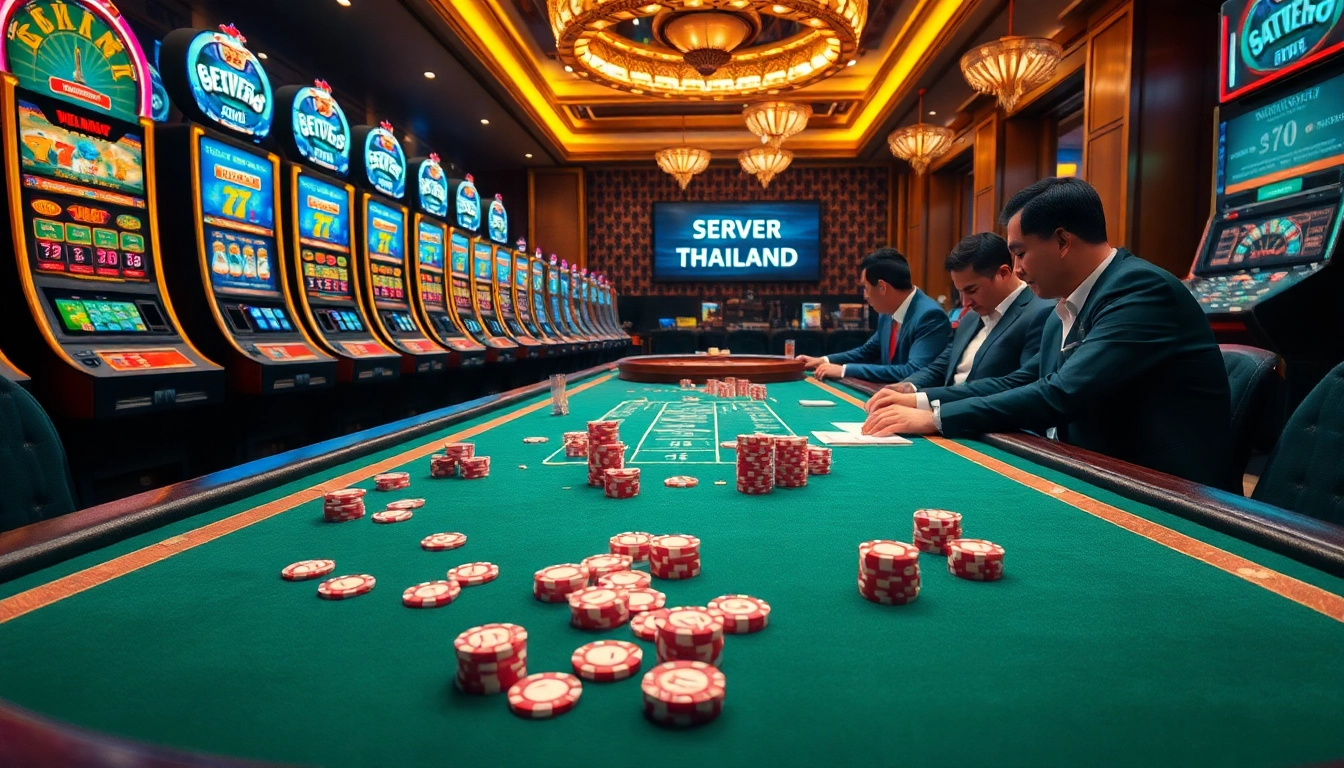 Para pemain yang terlibat di meja kasino yang ramai dengan sorotan Server Thailand, menampilkan sensasi perjudian taruhan tinggi.