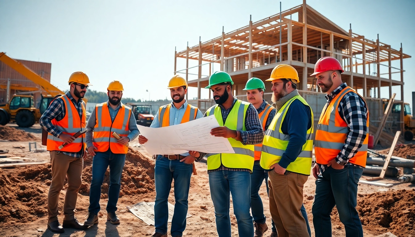 Construction association North Carolina workers collaborating on-site with machinery and blueprints.