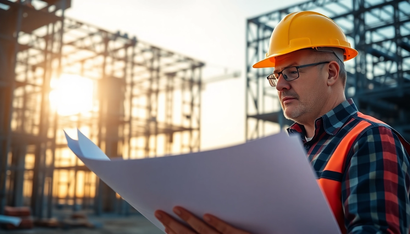 Commercial building developer reviewing blueprints at a construction site at dawn.