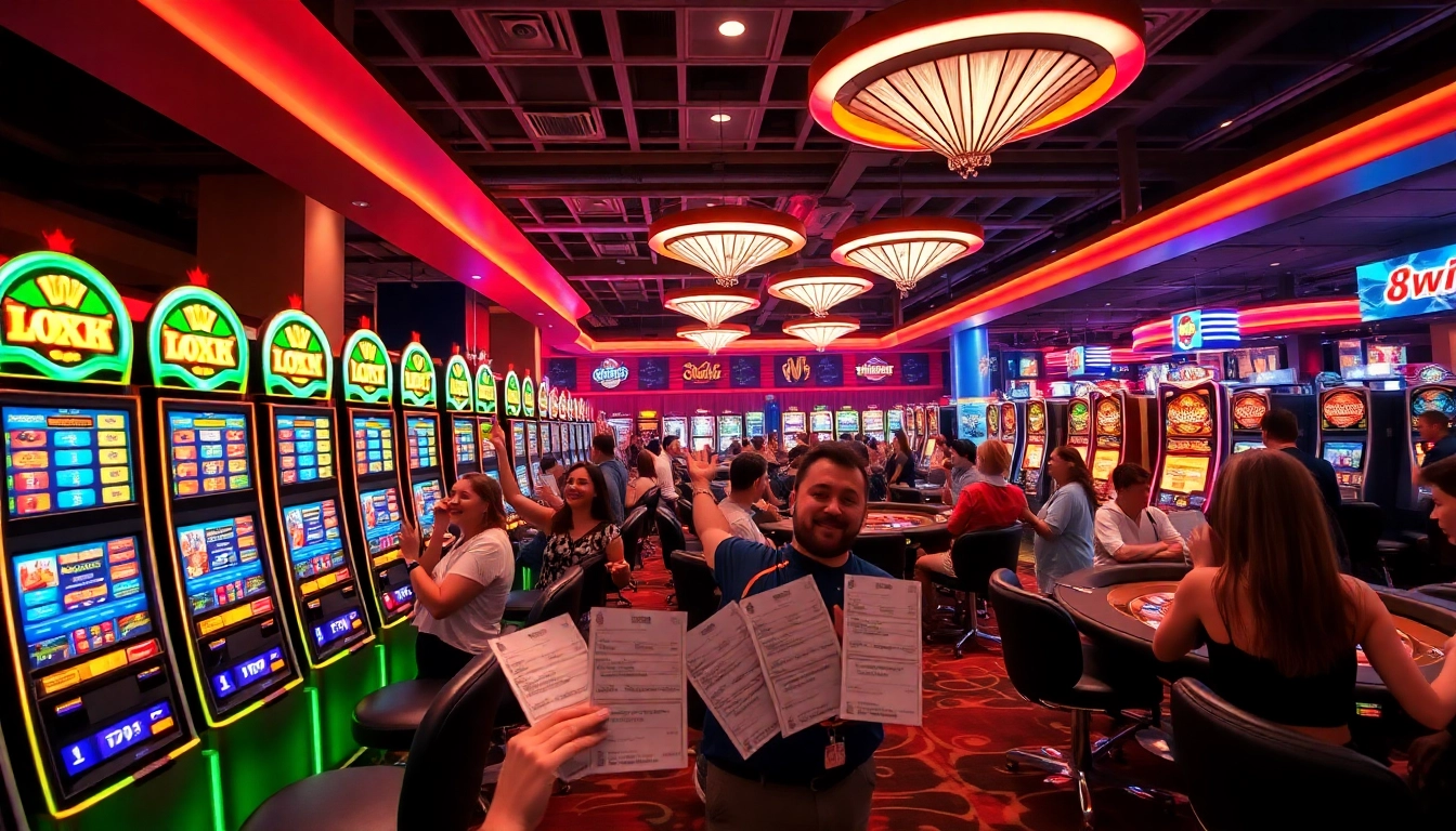 Players celebrating wins at 8win casino with vibrant slot machines and roulette tables.
