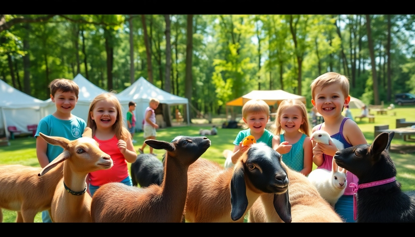 Kids enjoying hands-on activities at an animal camp in Illinois, surrounded by various animals.