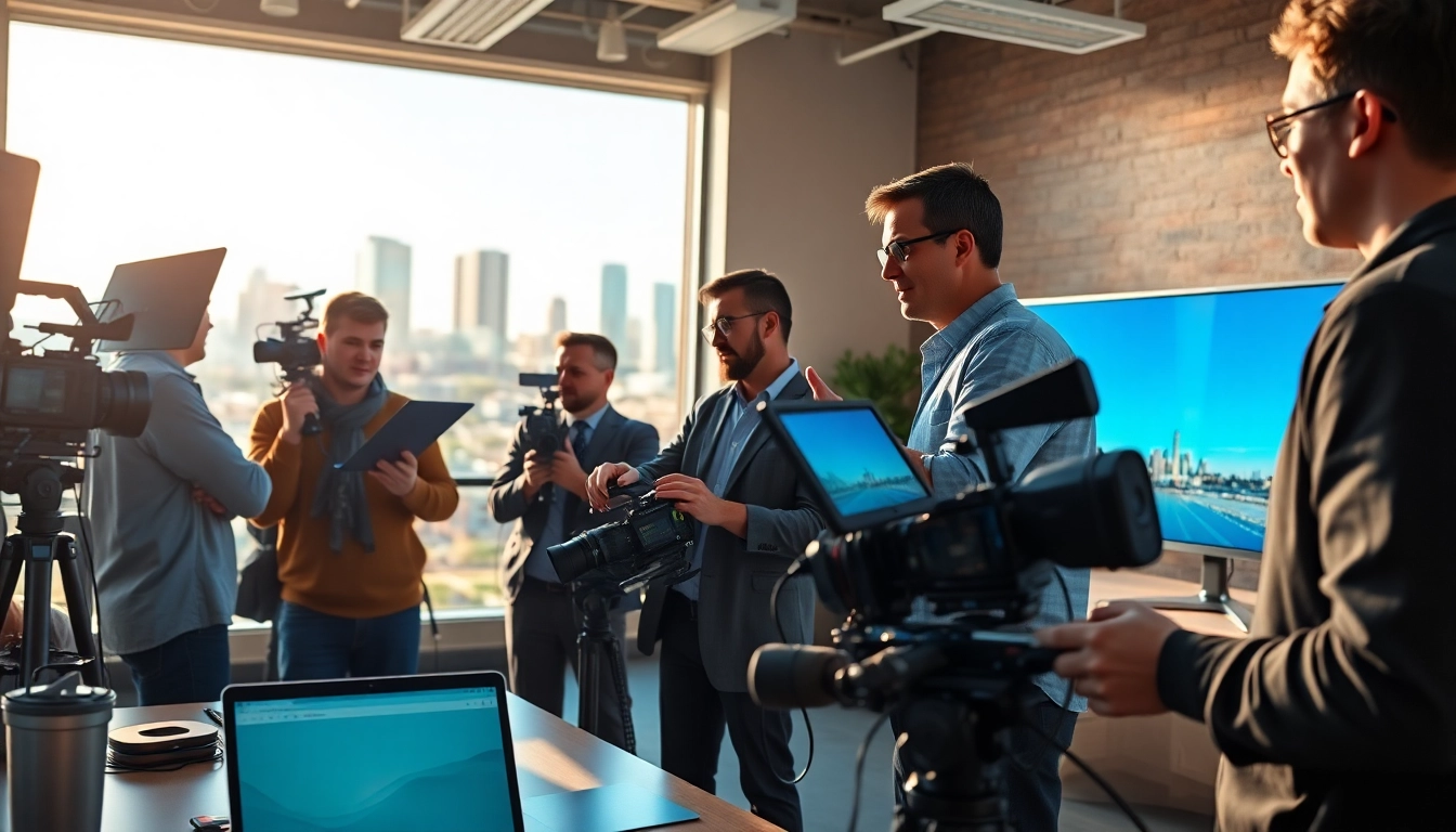 Capture the essence of corporate video production Phoenix with filmmakers collaborating on a vibrant set.