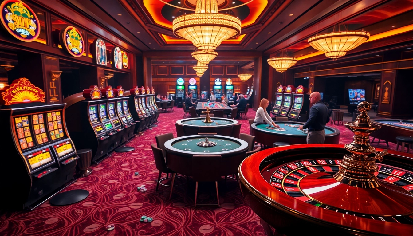 Cảnh hấp dẫn tại casino LUCK8 với bàn poker, máy đánh bạc và bánh xe roulette.