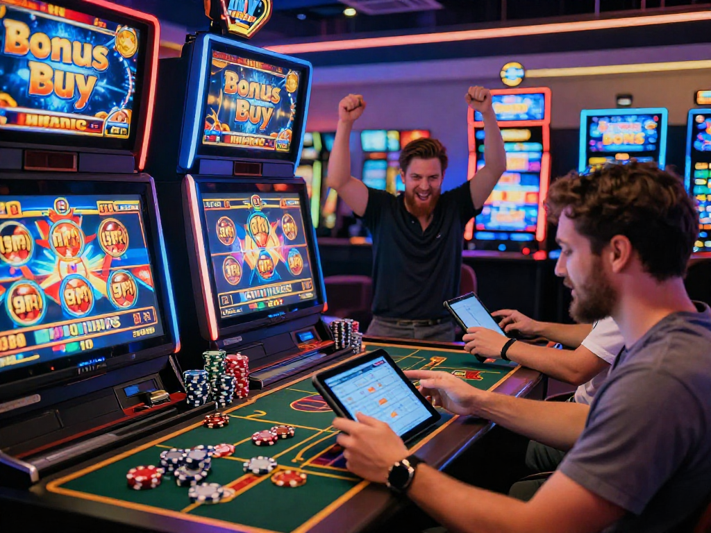 Players enjoying slots where you can buy the bonus in a vibrant online casino environment.
