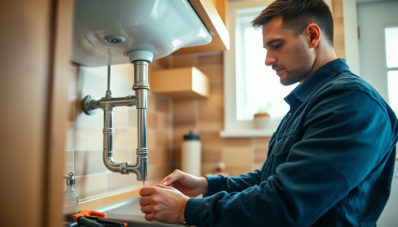 Skilled plumber knightdale fixing a leak under a kitchen sink with tools in hand.