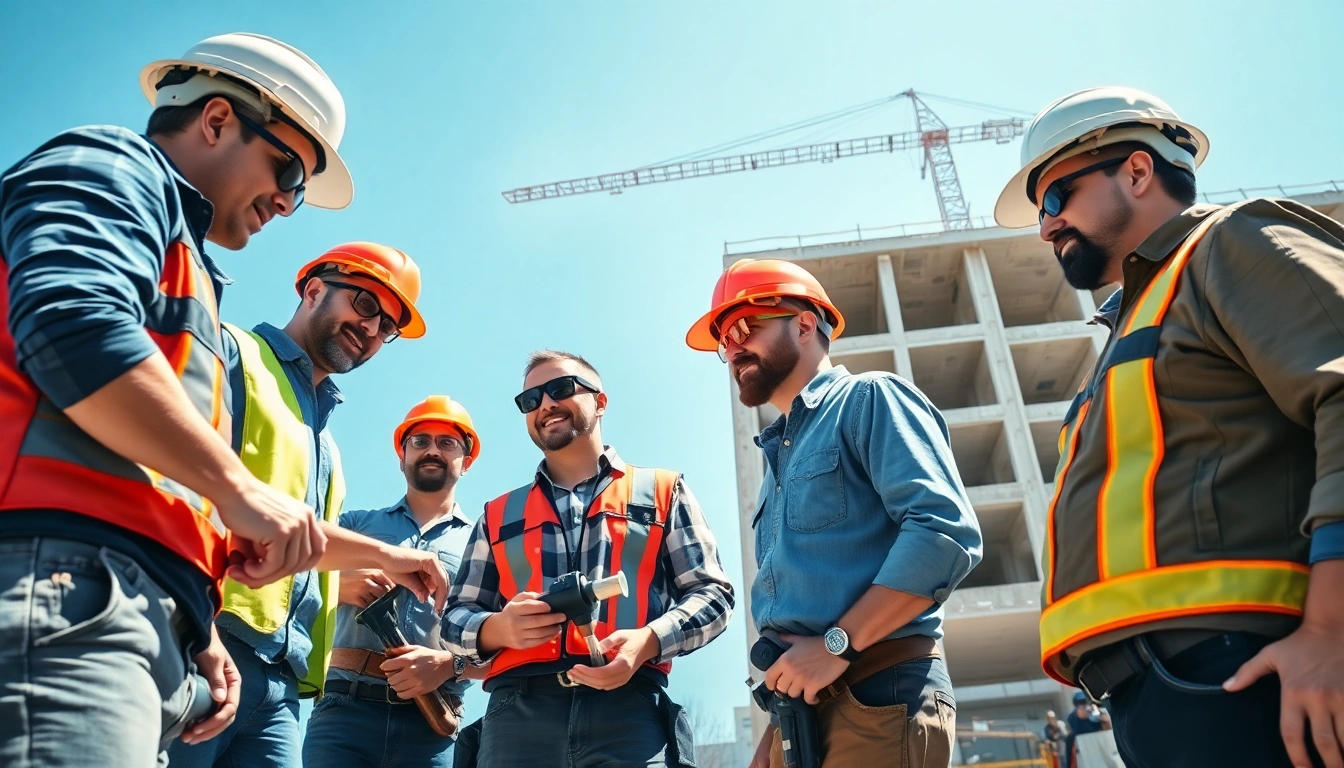 Highlighting careers in construction with teamwork and diverse tradespeople on a building site.