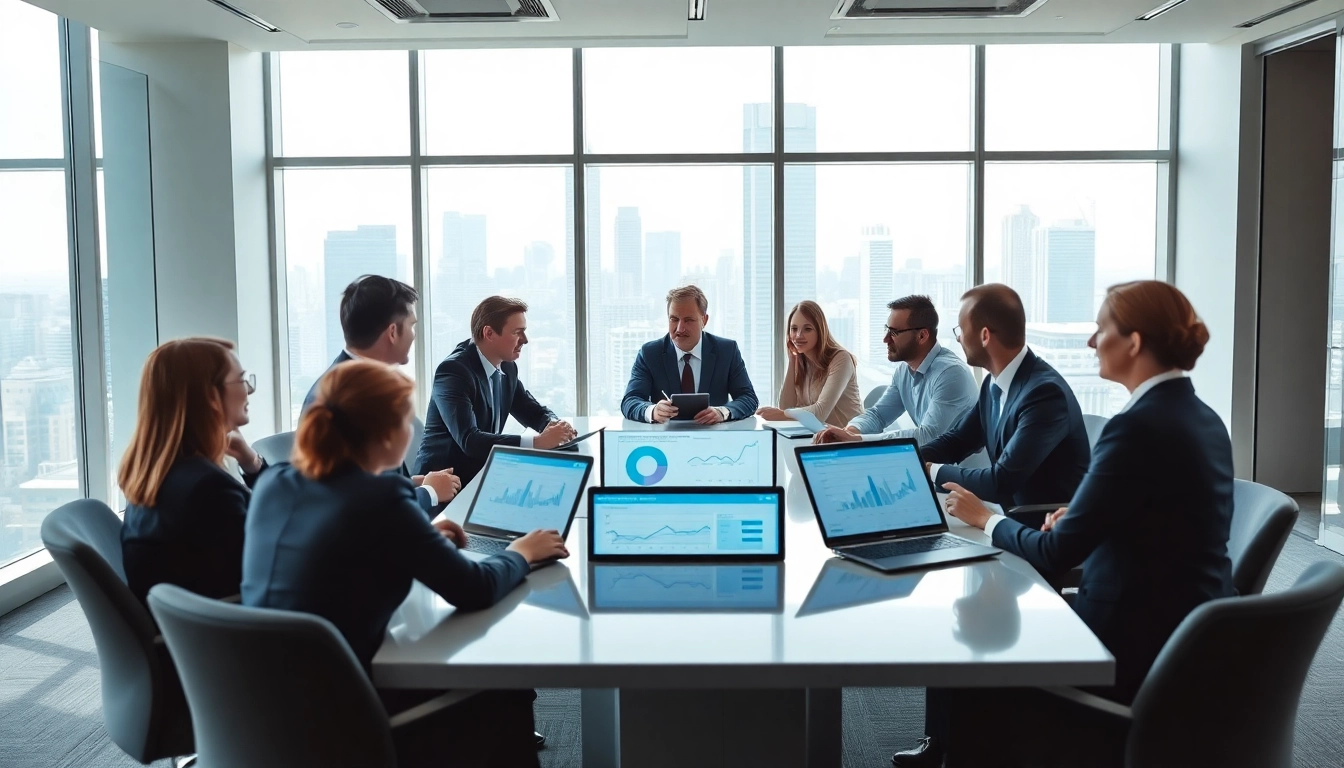Engaging discussion on Commercial Lending Suite Technology among professionals in a sleek office.