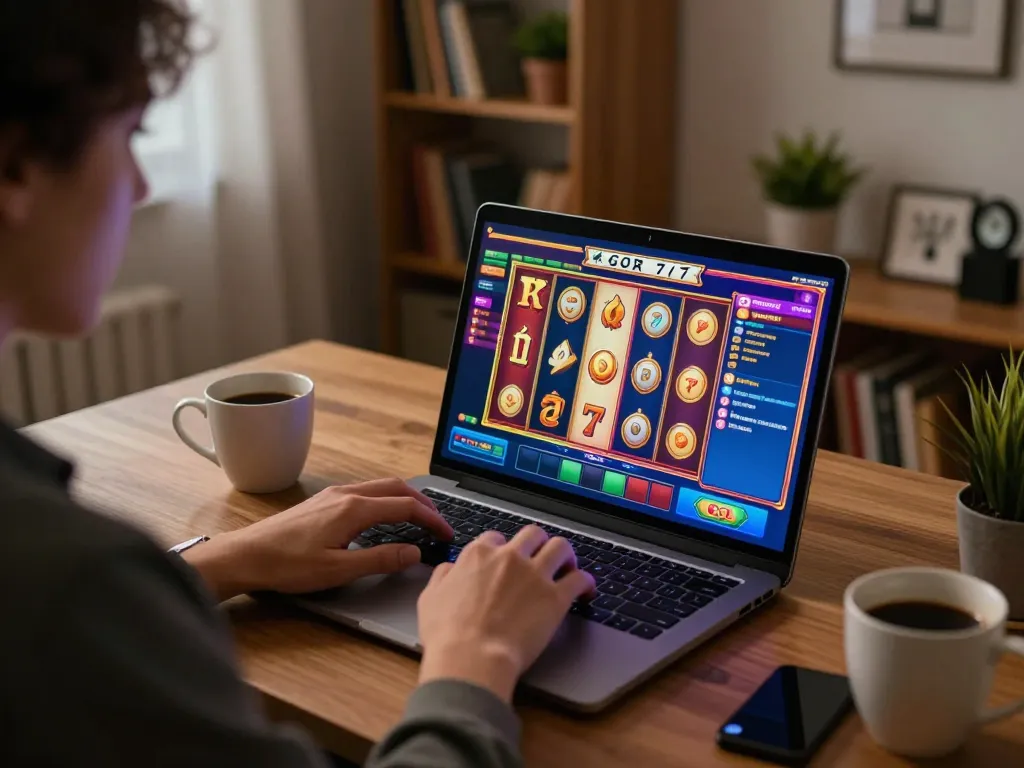 Engaging player enjoying gori77 online slots in a cozy home office setting.