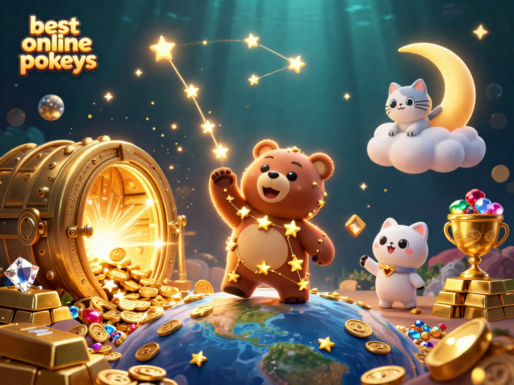 Engage with the best online pokies in this vibrant 3D scene featuring constellation animals and gold treasures.
