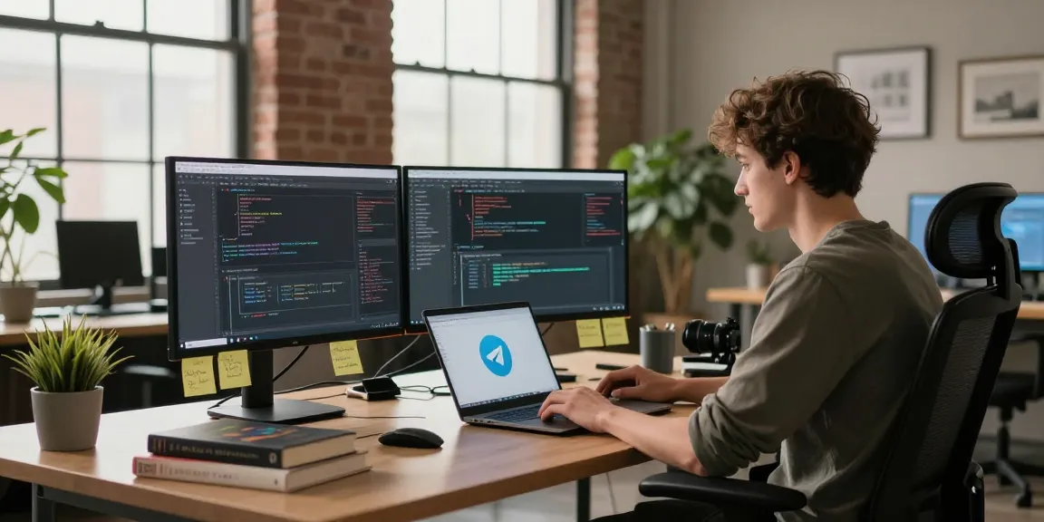 Young developer coding on Telegram app in a modern workspace, showcasing 纸飞机下载 innovation and creativity.