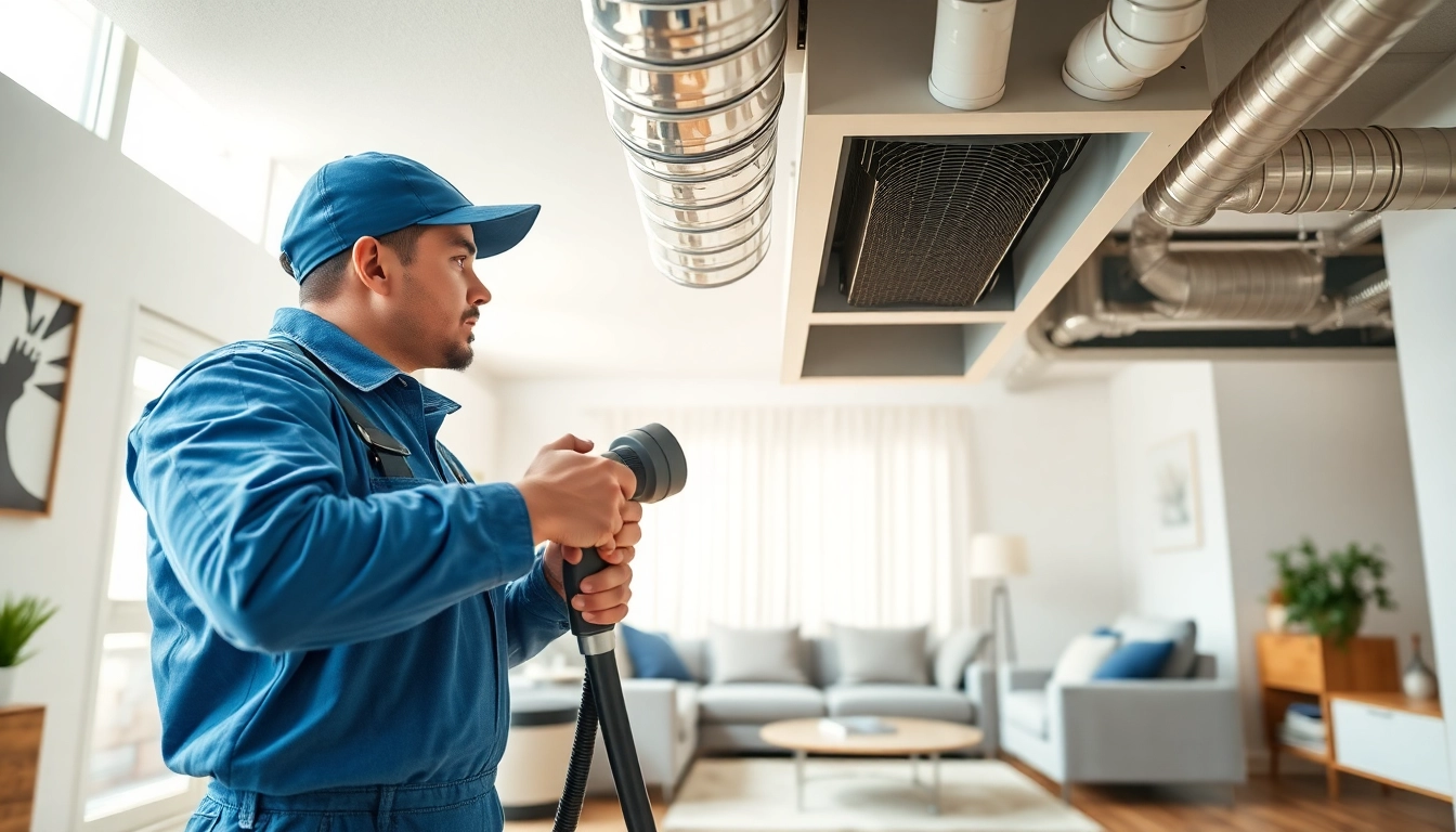Air Duct Cleaning technician professionally cleaning ducts in a modern home setting.