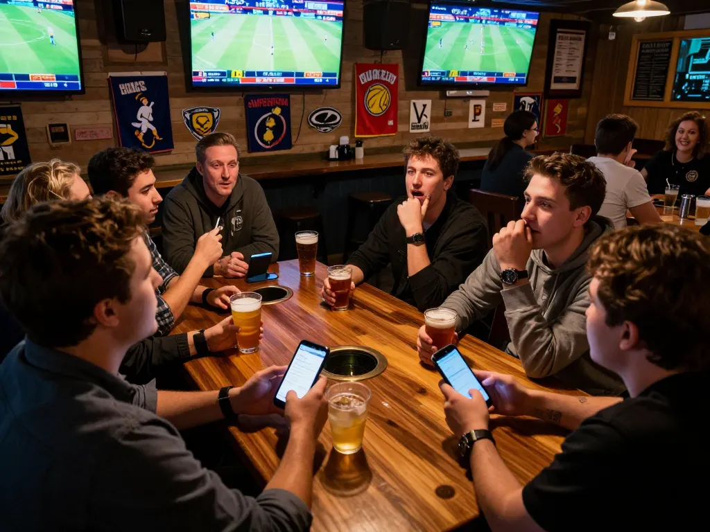 Friends placing bets on EE88 mobile app during an exciting sports viewing party