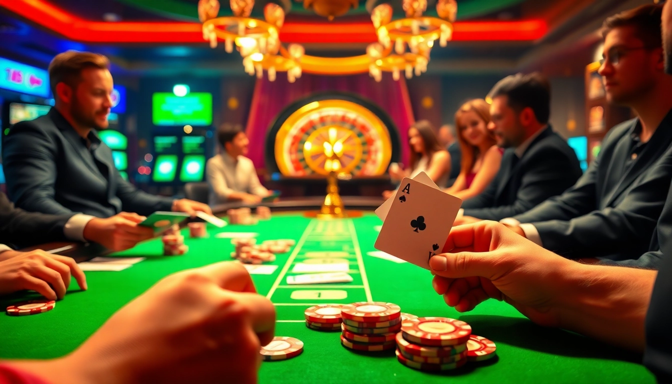 Excitement builds at god55 casino with players engaged at poker and roulette tables, showcasing thrilling gambling.
