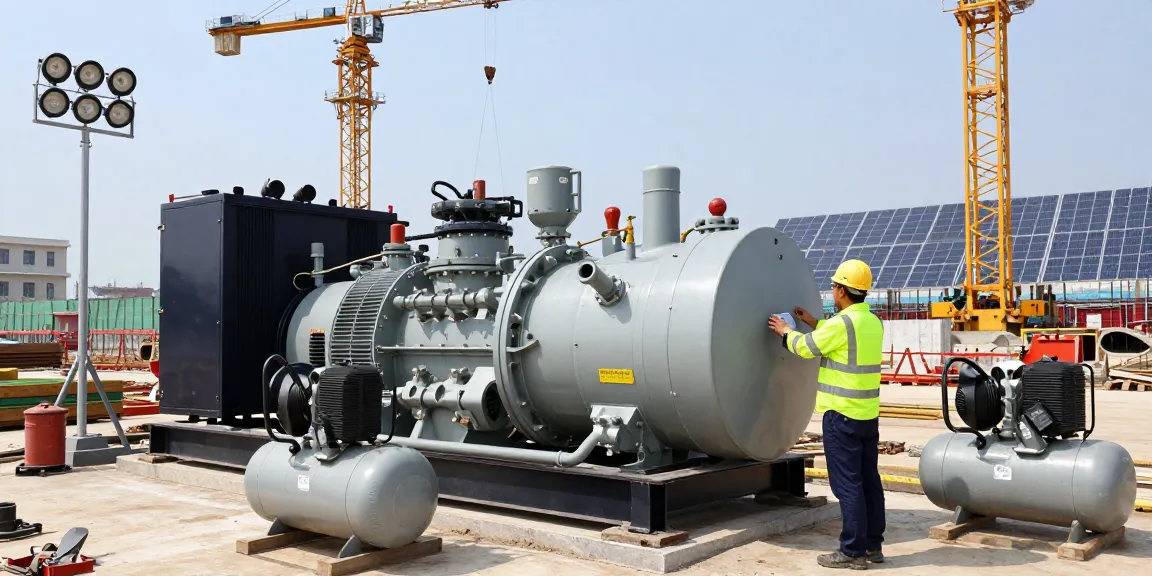 Gas generator powering construction site with operator inspecting equipment and tools.