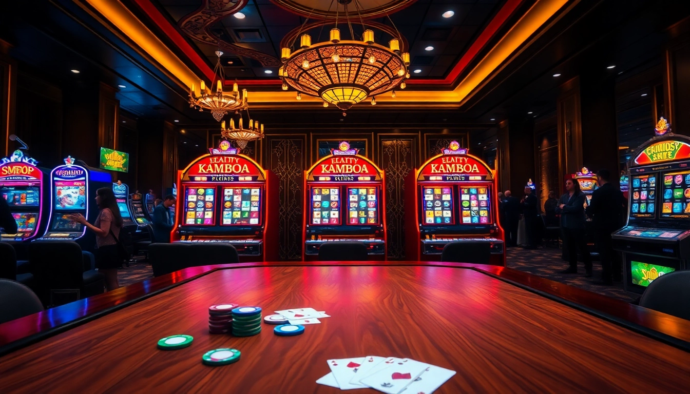 Experience the excitement of slot kamboja bet 100 with vibrant casino scenes featuring enthusiastic players and luxurious slot machines.