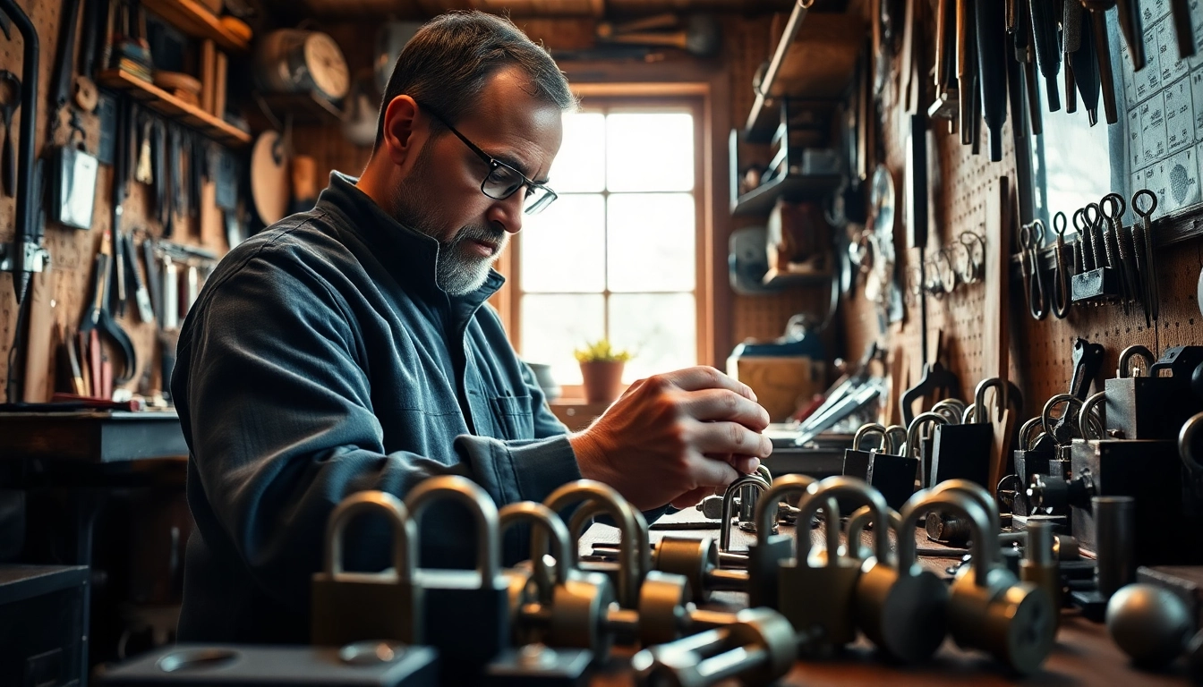 Locksmiths Durham expertly repairing a lock in a bright workshop.