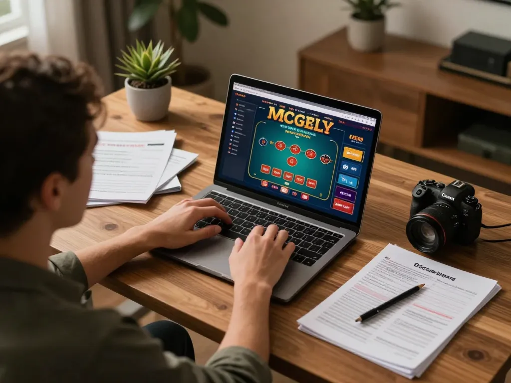luck8 player analyzing strategies during online poker session at home with warm ambiance
