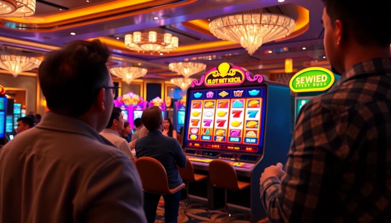 Menangkan slot bet kecil sambil bermain di mesin slot dengan suasana kasino mewah.