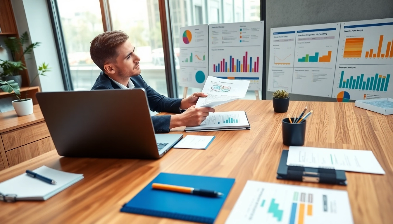 Showcasing proposal writing and management in a modern office with a businessperson and organized materials.