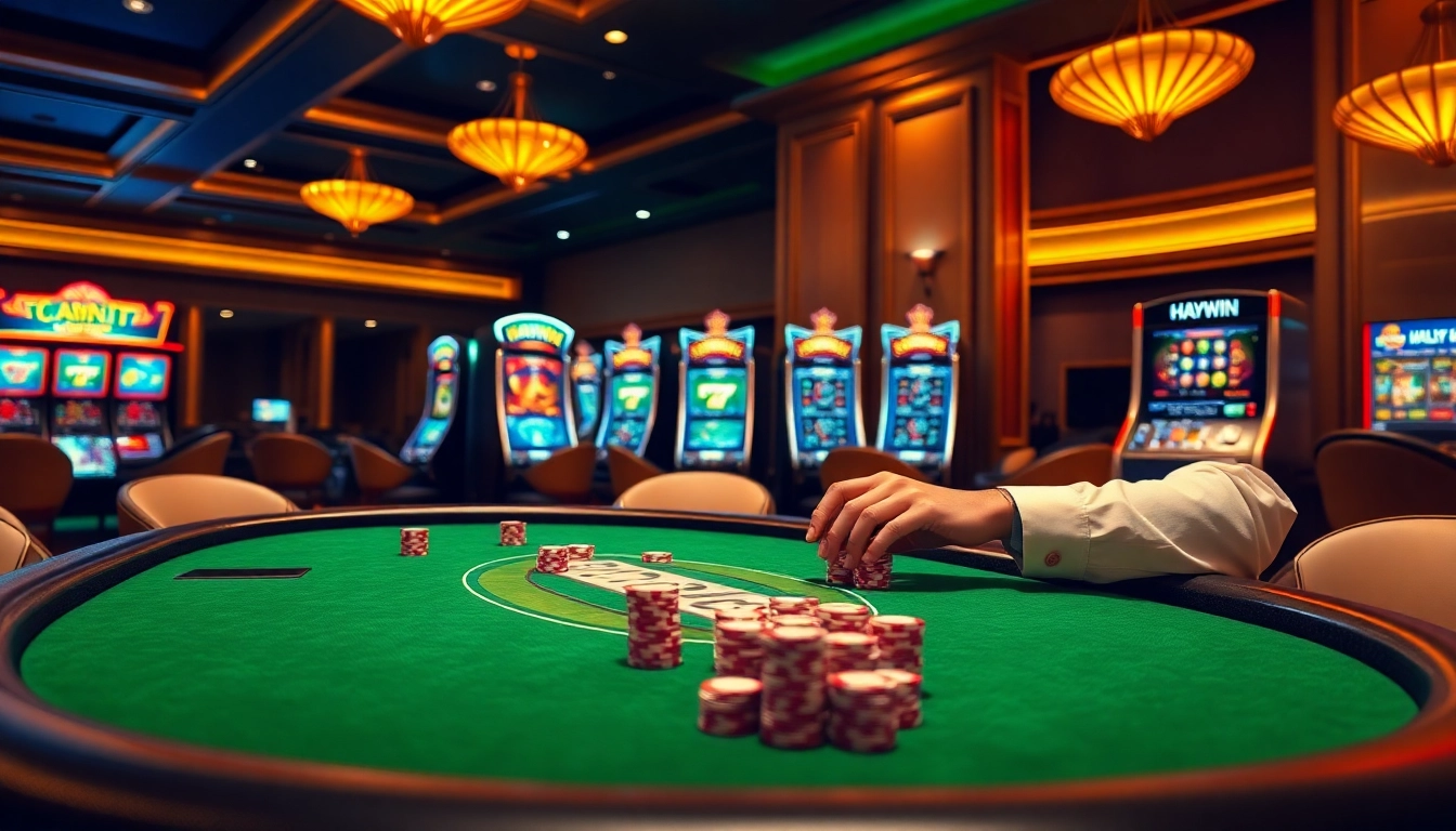 Haywin gaming table with chips and cards, showcasing an upscale online casino experience.