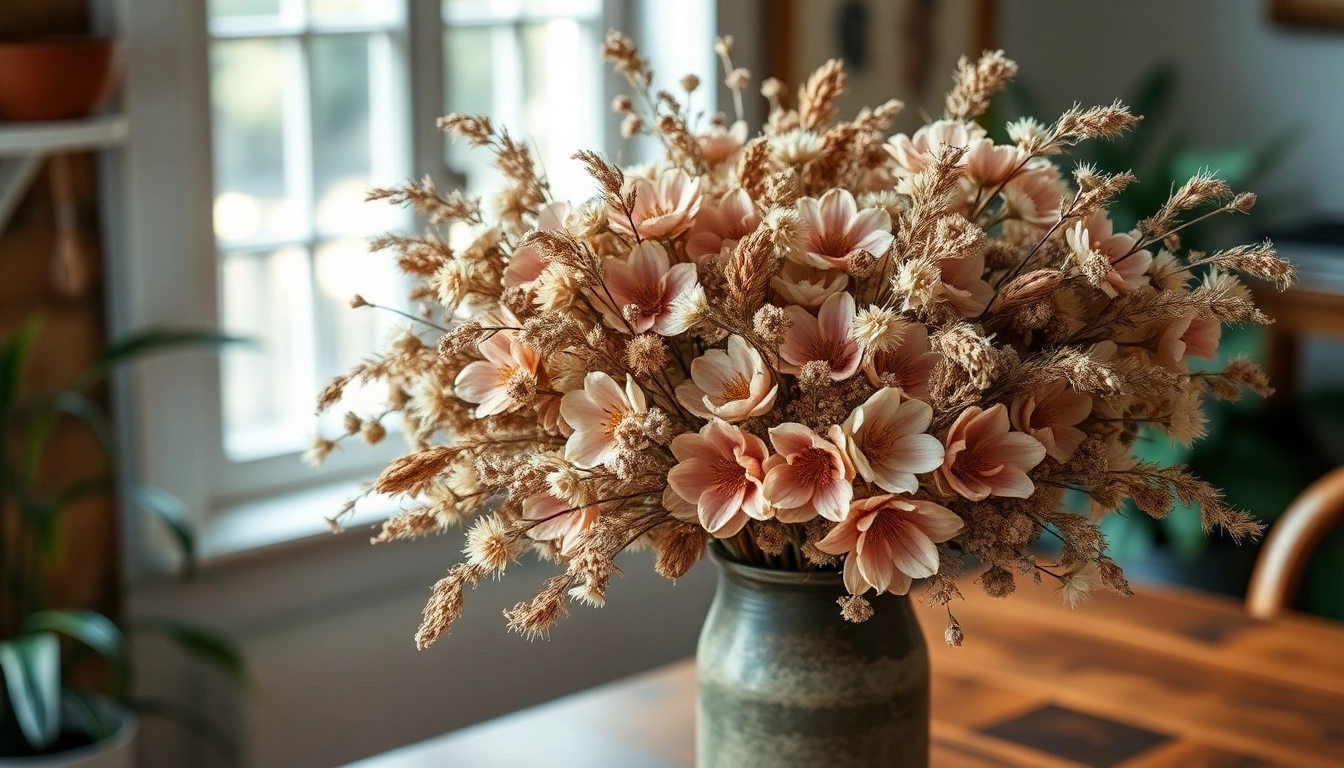 Bright dried flowers beautifully arranged in a rustic setting, capturing the organic essence.