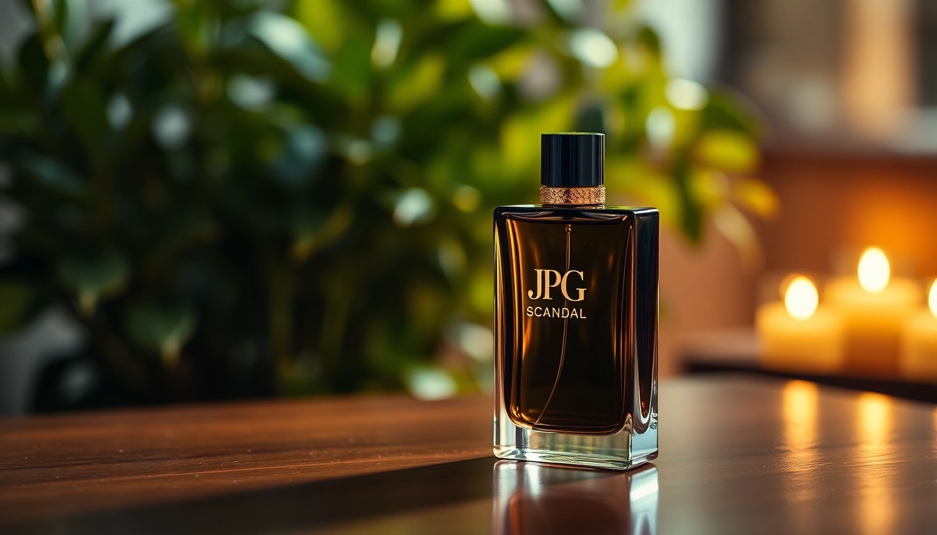 Showcase the Jpg Scandal fragrance bottle elegantly arranged, emphasizing its luxurious allure.
