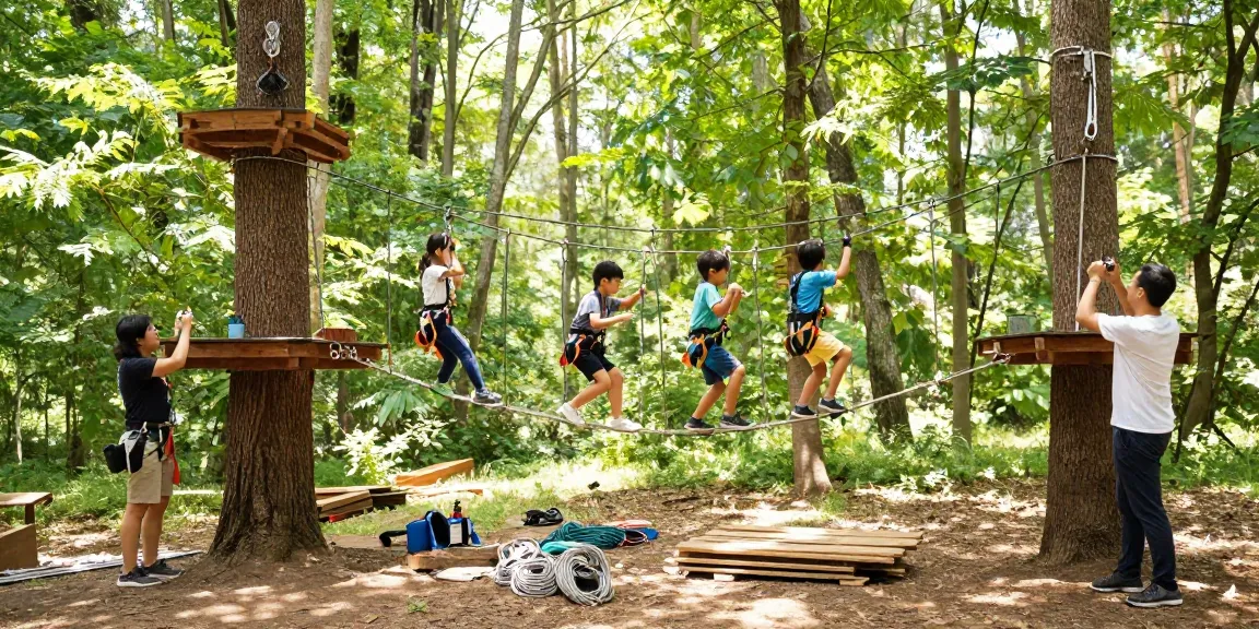 Family enjoying a rope bridge design adventure in a vibrant forest, capturing joy and safety in outdoor play.