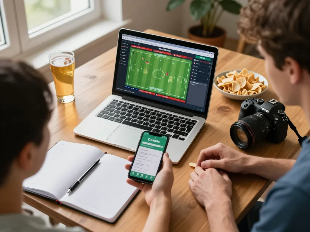 Cakhia sports betting setup at home with laptop and smartphone displaying live betting.