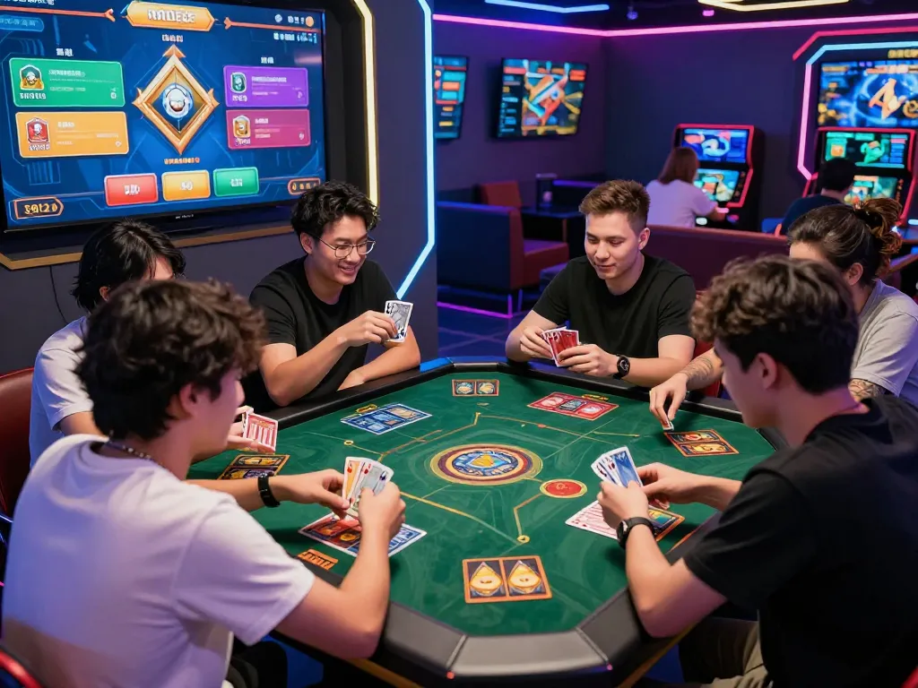 Engaging players participating in Thể thao hubet88 card gaming session in vibrant online gaming lounge.