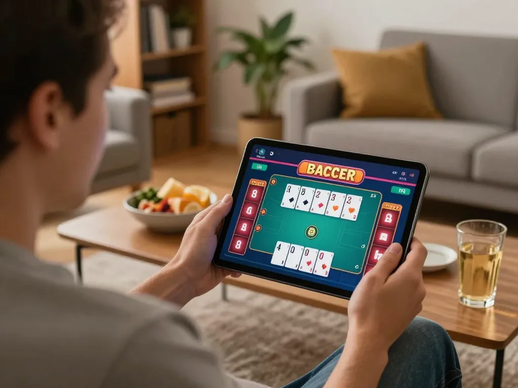 Player enjoying live Baccarat online at home using a tablet, highlighting the excitement of 678vip
