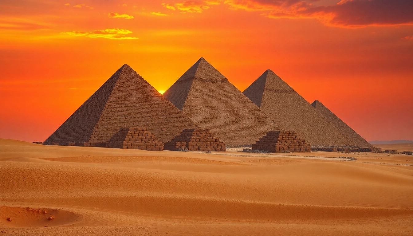 Capture the Giza Pyramids highlighted under sunset at https://piraminds.com/ with dramatic colors.