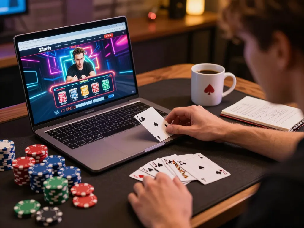 A player engaged in online gaming on 32win's platform with poker chips and strategy notes around